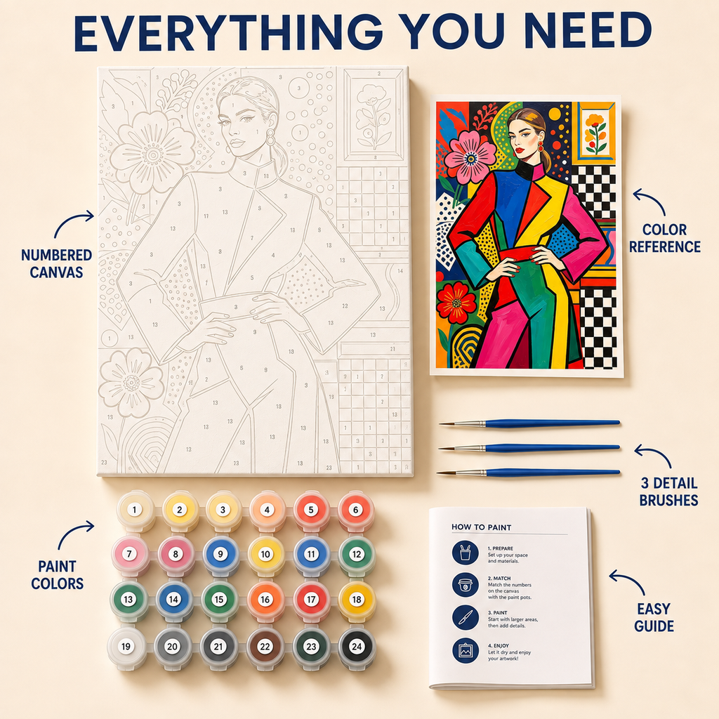 Pop Art Chic paint by numbers kit with numbered canvas, paints, brushes and guide