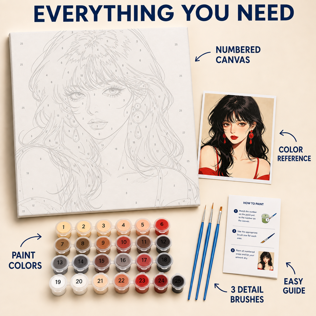 Scarlet Gaze paint by numbers kit with numbered canvas, paints, brushes and guide