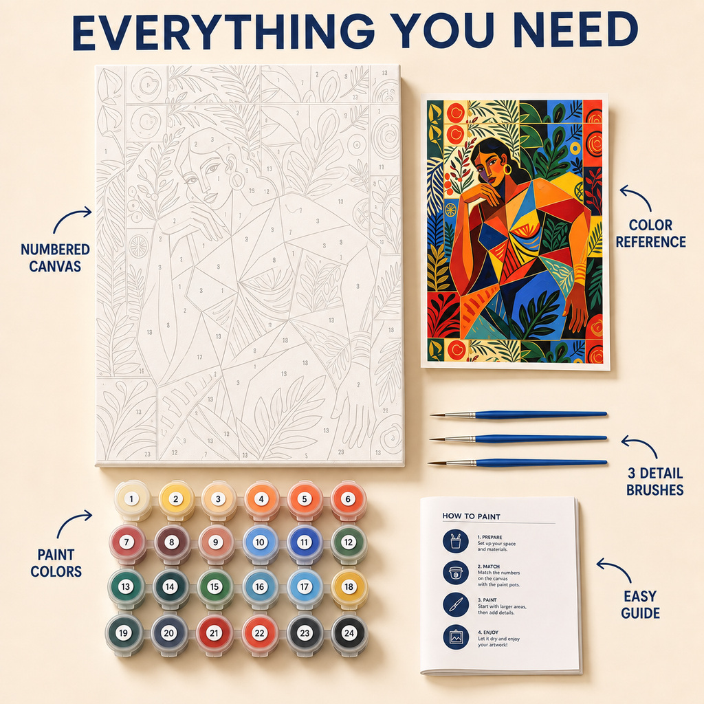 Botanical Geometry paint by numbers kit with numbered canvas, paints, brushes and guide
