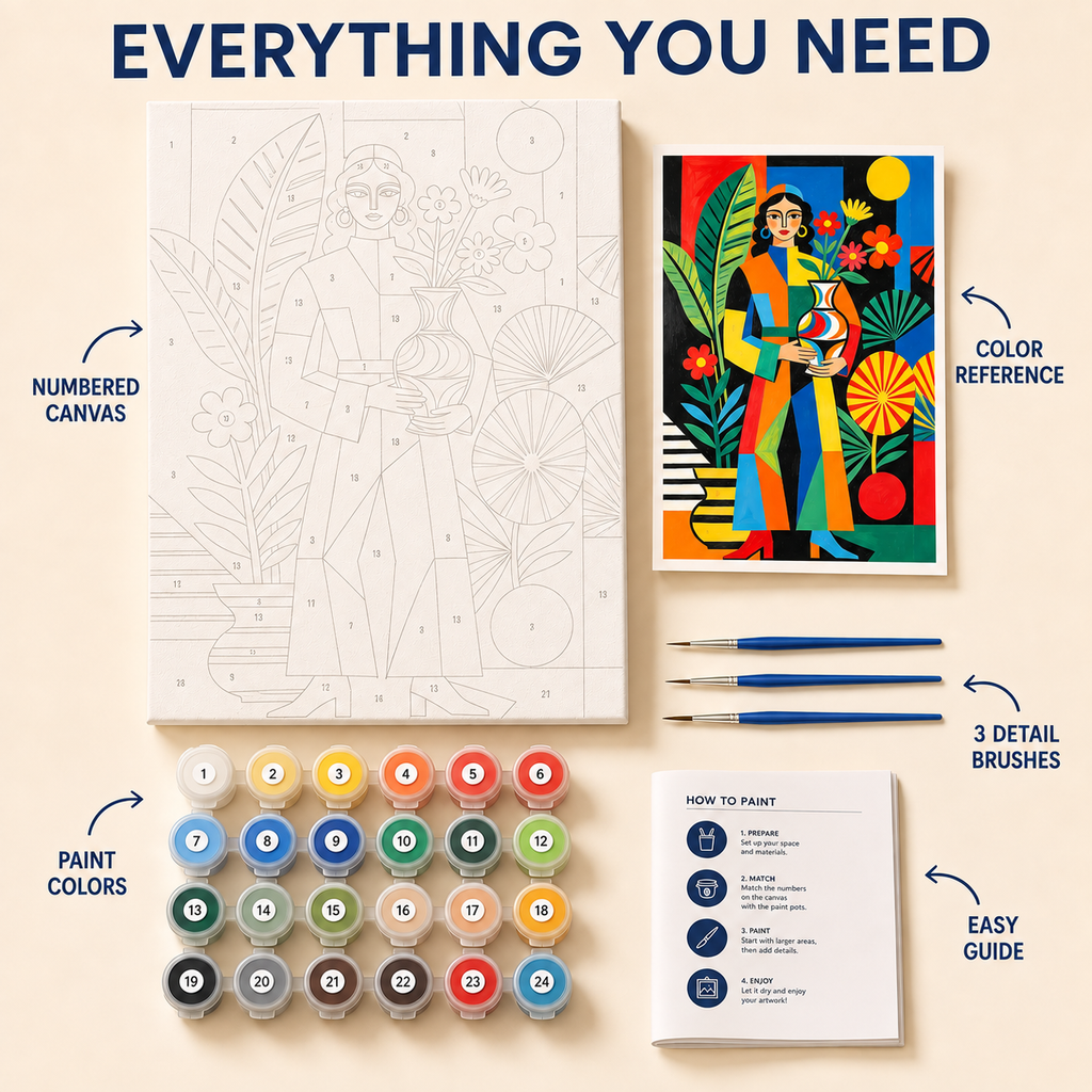 Tropical Muse paint by numbers kit with numbered canvas, paints, brushes and guide