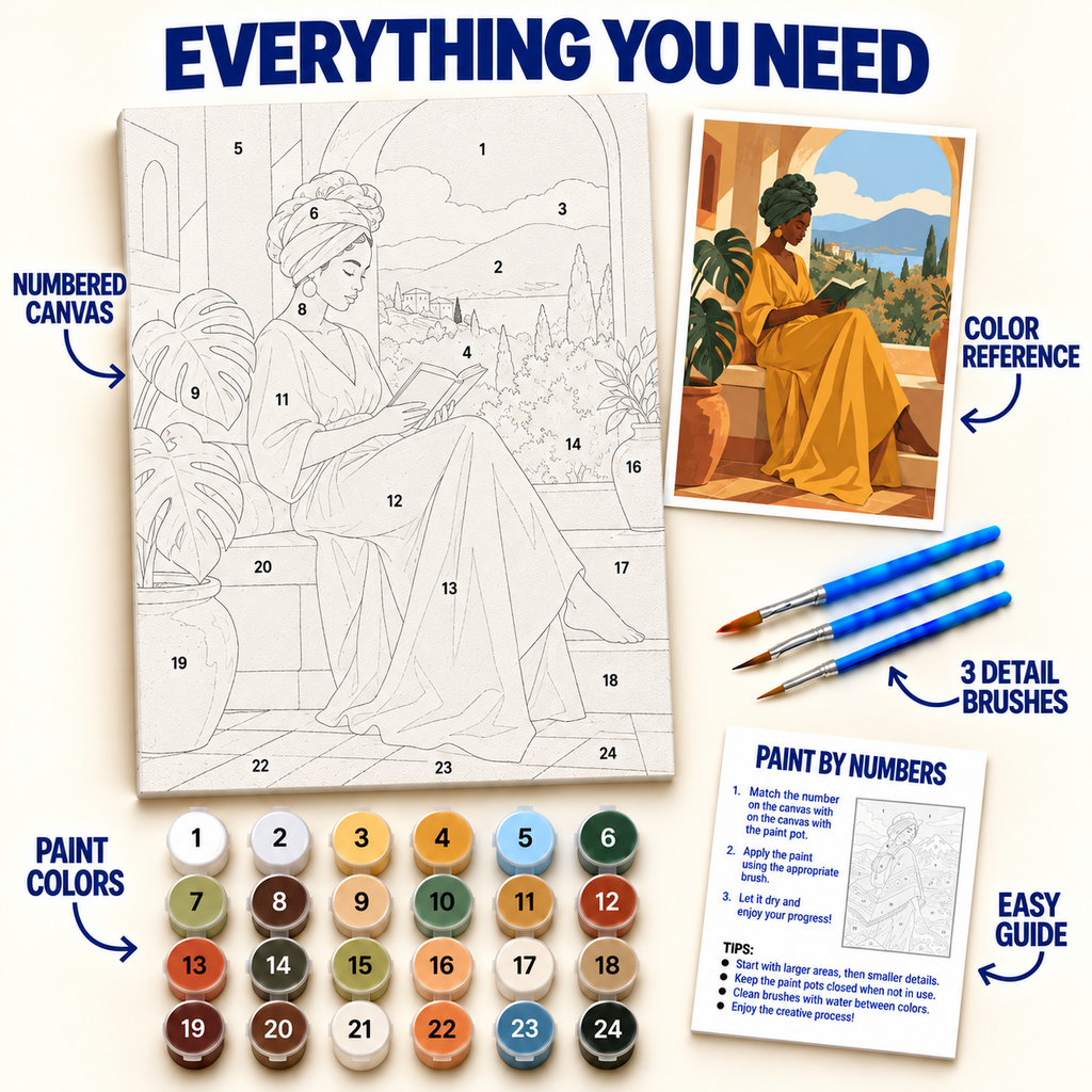 Window Reading paint by numbers kit with numbered canvas, 36 colors, brushes and guide
