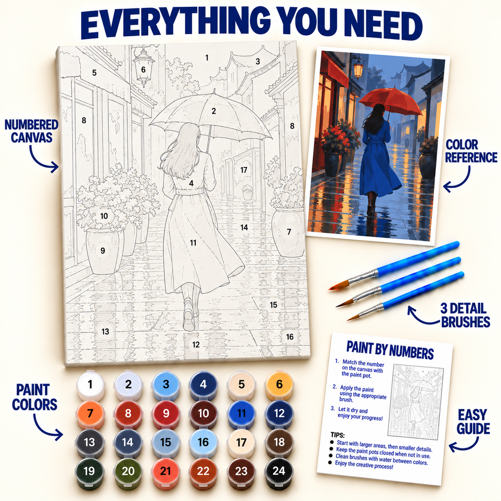 Rainy Street paint by numbers kit with numbered canvas, 36 colors, brushes and guide