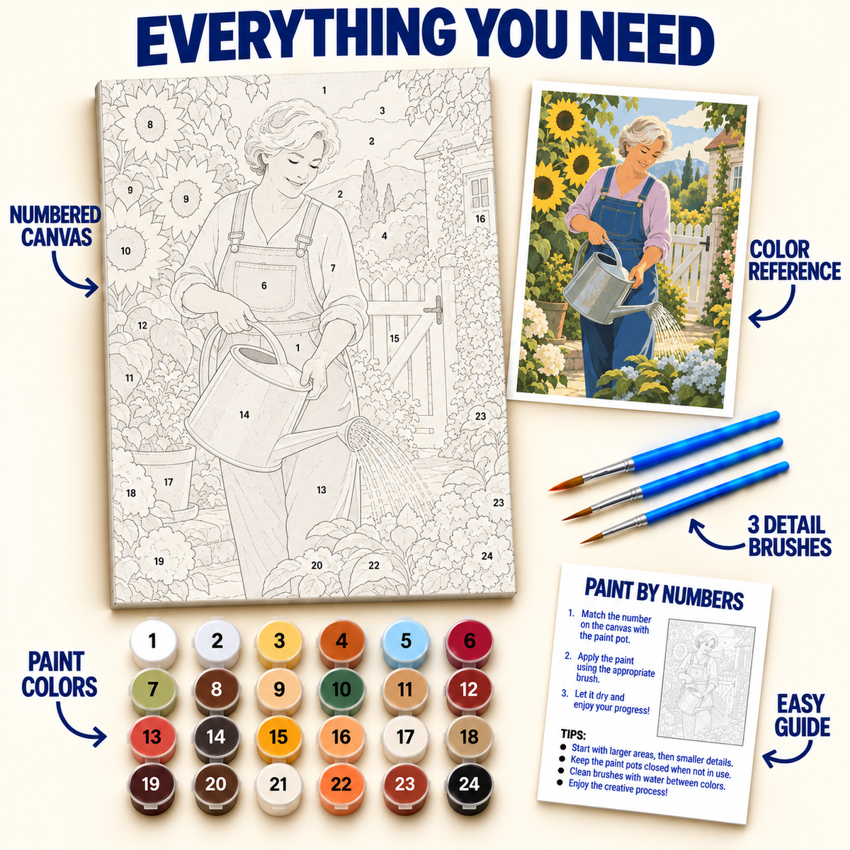 Garden Watering paint by numbers kit with numbered canvas, 36 colors, brushes and guide