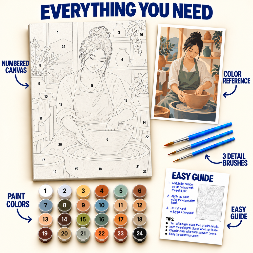 Pottery Studio paint by numbers kit with numbered canvas, 36 colors, brushes and guide