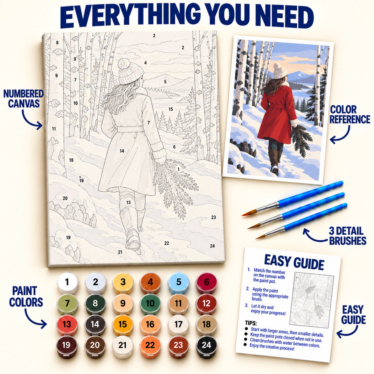 Winter Forest Walk paint by numbers kit with numbered canvas, 36 colors, brushes and guide
