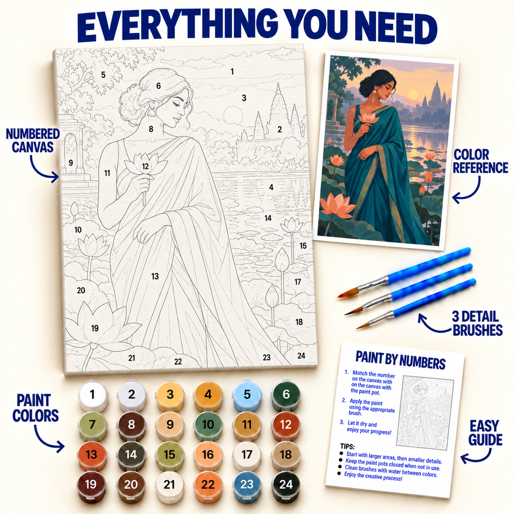 Lotus Morning paint by numbers kit with numbered canvas, 36 colors, brushes and guide