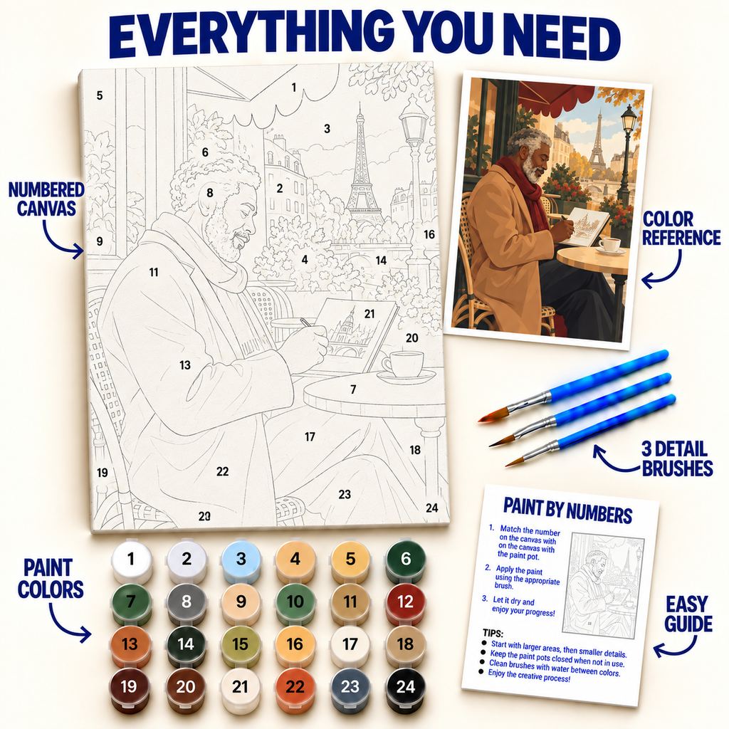 Paris Cafe Sketch paint by numbers kit with numbered canvas, 36 colors, brushes and guide