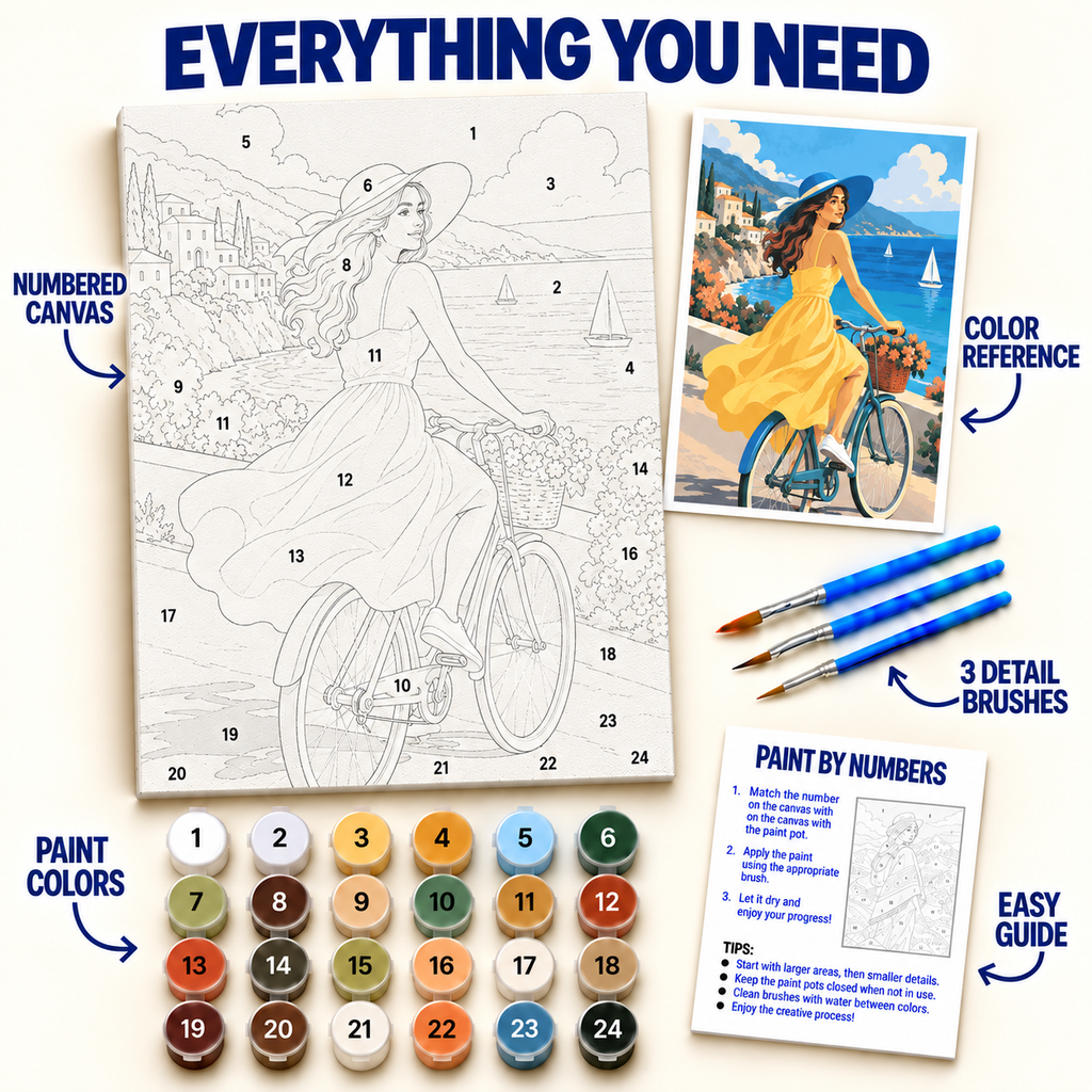Seaside Bicycle paint by numbers kit with numbered canvas, 36 colors, brushes and guide