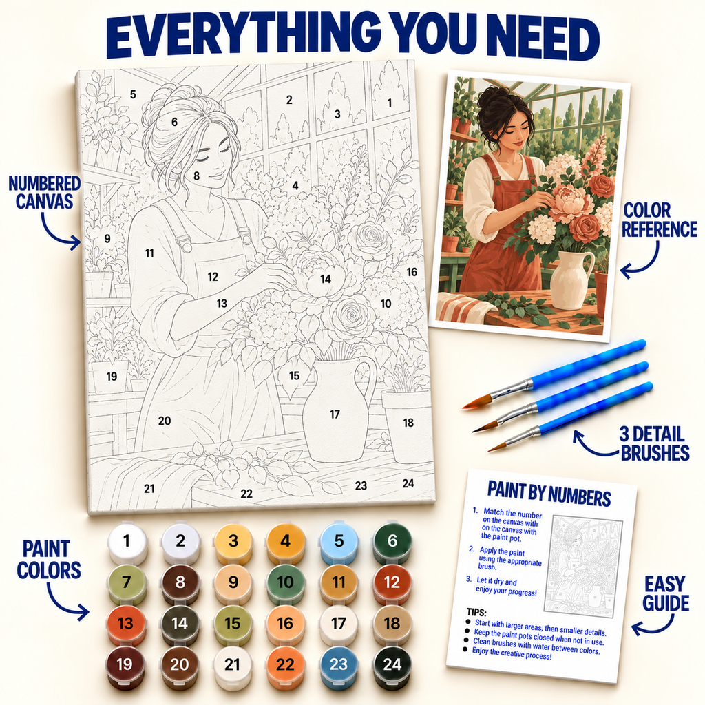Greenhouse Florist paint by numbers kit with numbered canvas, 36 colors, brushes and guide