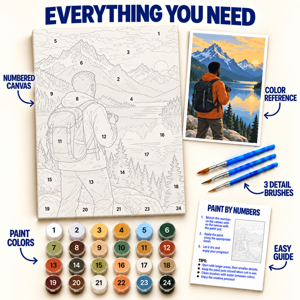 Mountain Lake Photographer paint by numbers kit with numbered canvas, 36 colors, brushes and guide