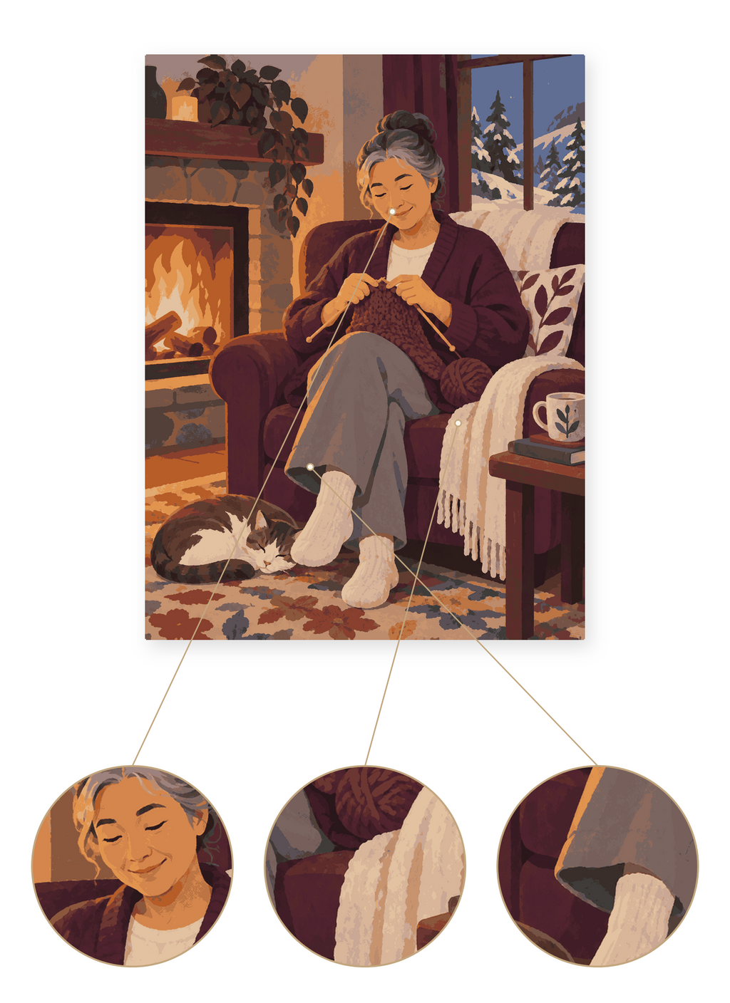 Fireside Knitting finished portrait artwork detail