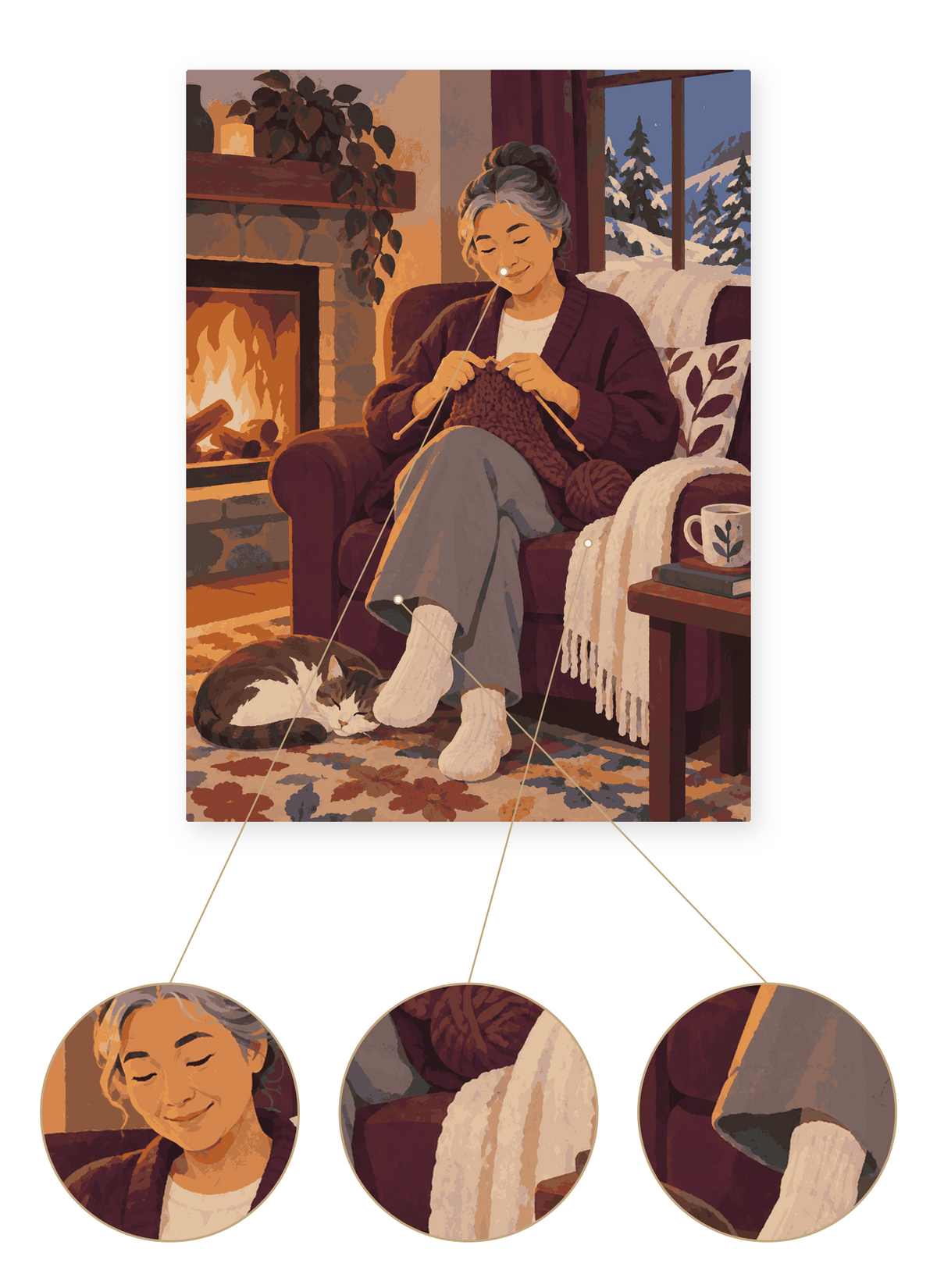 Fireside Knitting finished portrait artwork detail