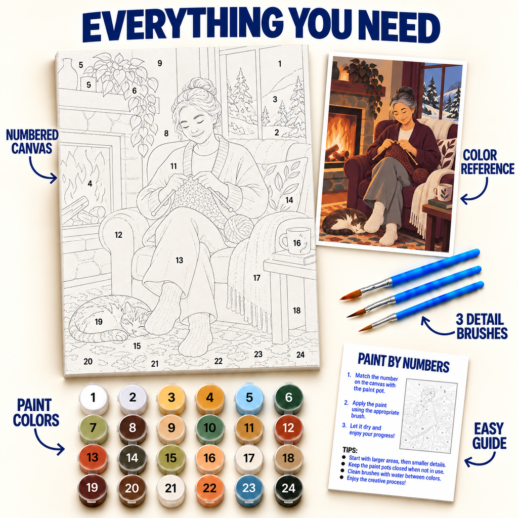 Fireside Knitting paint by numbers kit with numbered canvas, 36 colors, brushes and guide