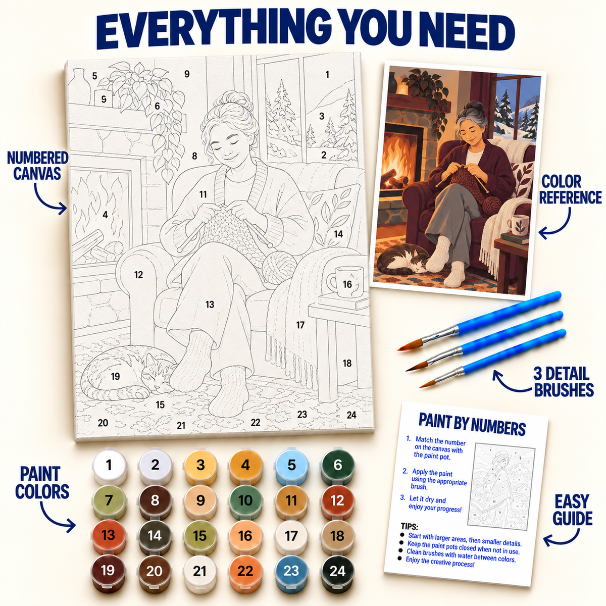 Fireside Knitting paint by numbers kit with numbered canvas, 36 colors, brushes and guide