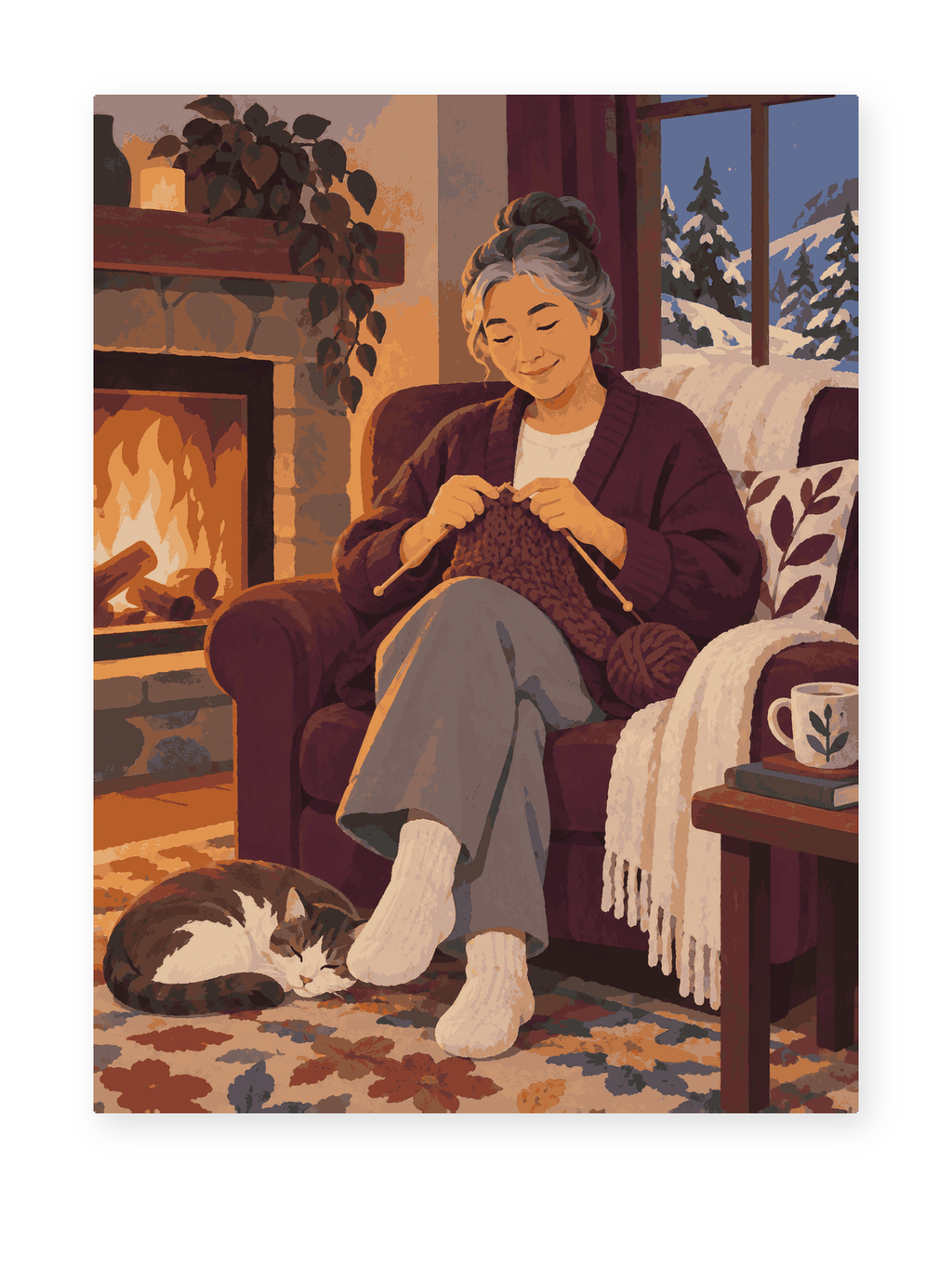 Fireside Knitting portrait paint by numbers artwork for adults