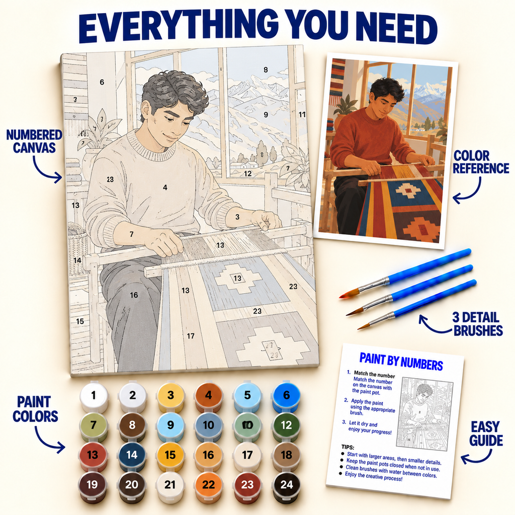 Peruvian Weaver paint by numbers kit with numbered canvas, 36 colors, brushes and guide