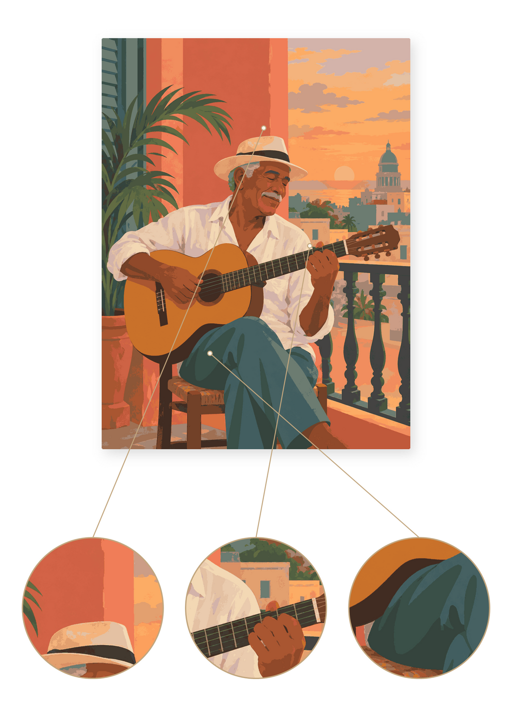 Cuban Guitarist finished portrait artwork detail