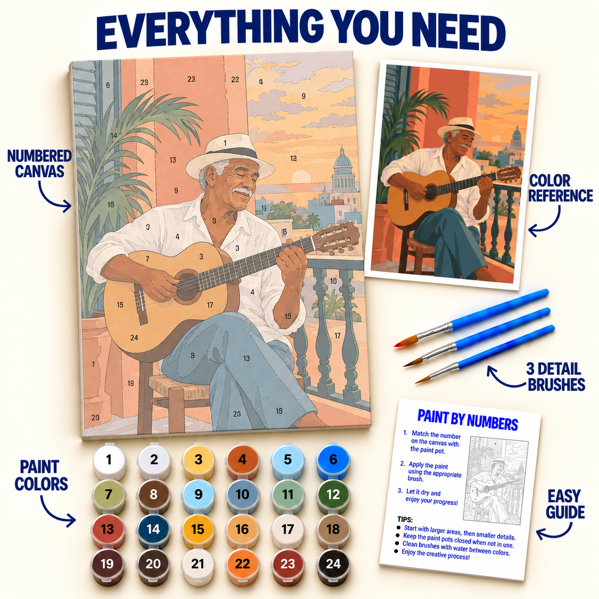 Cuban Guitarist paint by numbers kit with numbered canvas, 36 colors, brushes and guide
