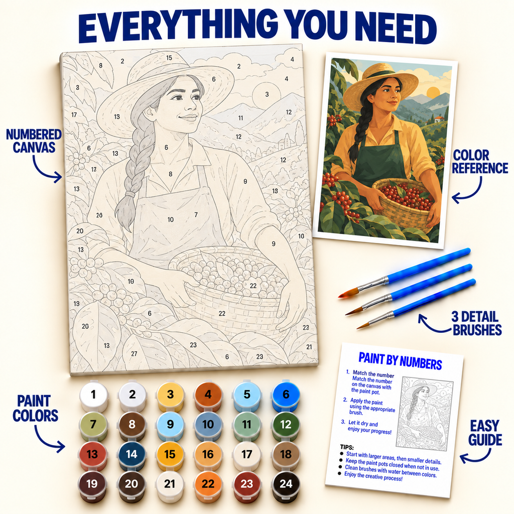 Colombian Coffee Farmer paint by numbers kit with numbered canvas, 36 colors, brushes and guide