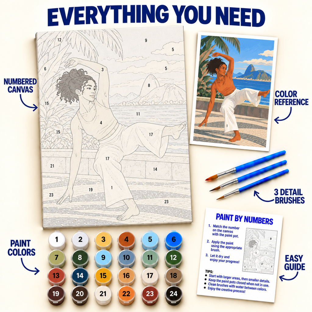 Brazilian Capoeira paint by numbers kit with numbered canvas, 36 colors, brushes and guide