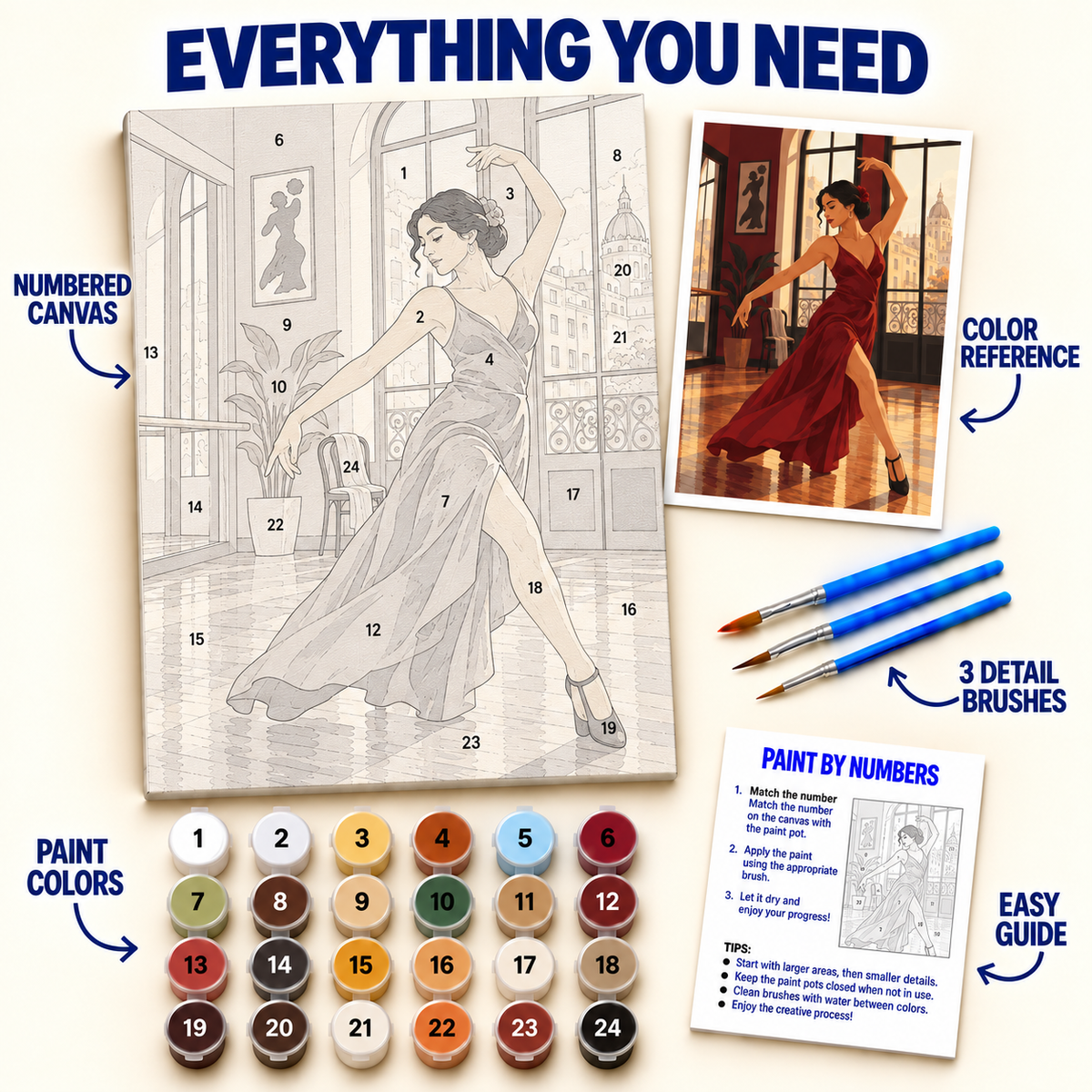 Argentine Tango paint by numbers kit with numbered canvas, 36 colors, brushes and guide