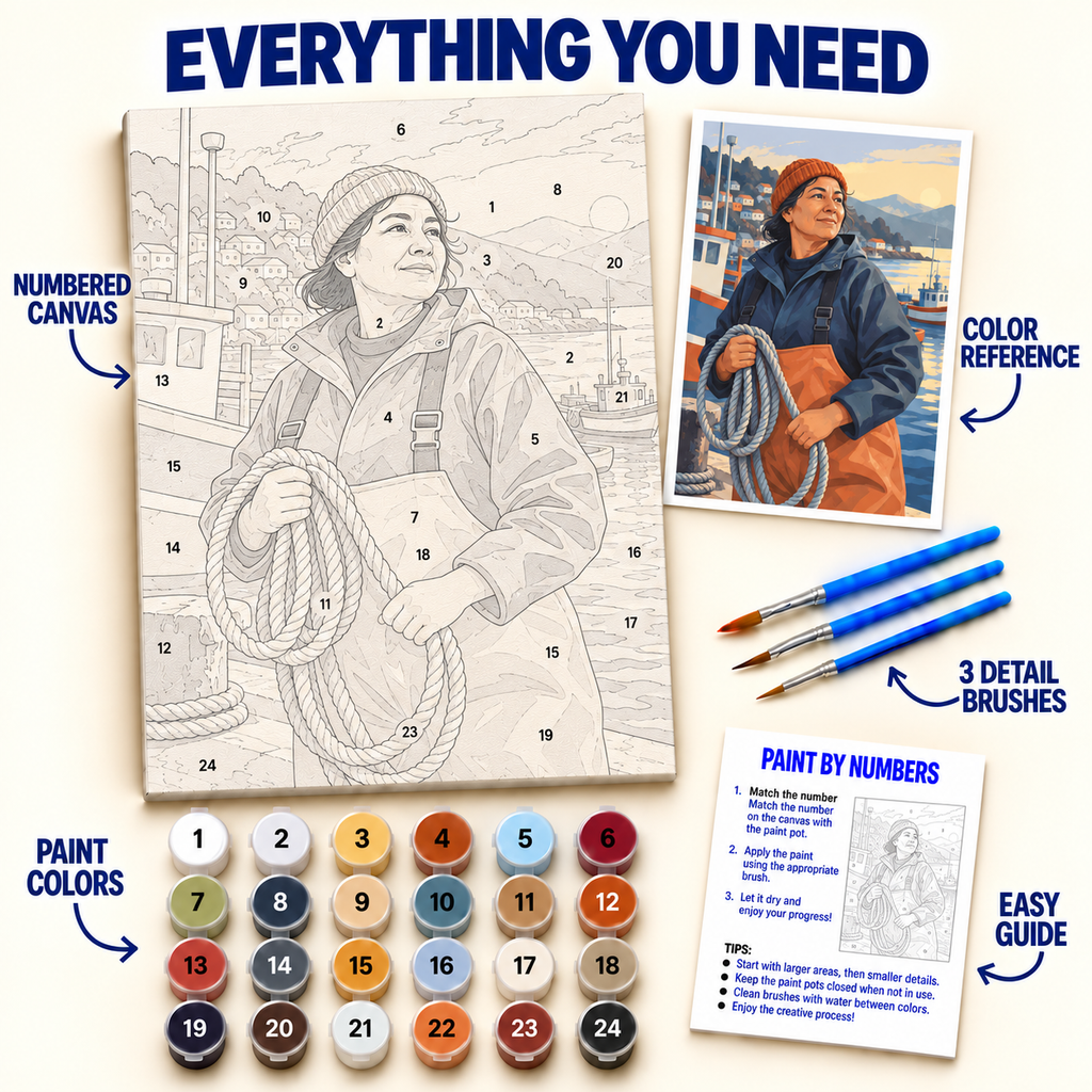 Chilean Harbor Fisher paint by numbers kit with numbered canvas, 36 colors, brushes and guide
