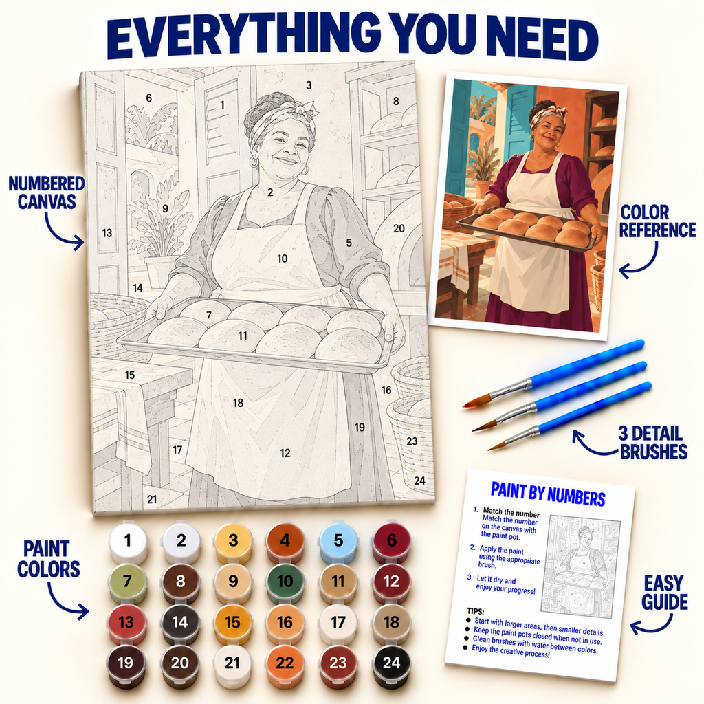 Dominican Baker paint by numbers kit with numbered canvas, 36 colors, brushes and guide