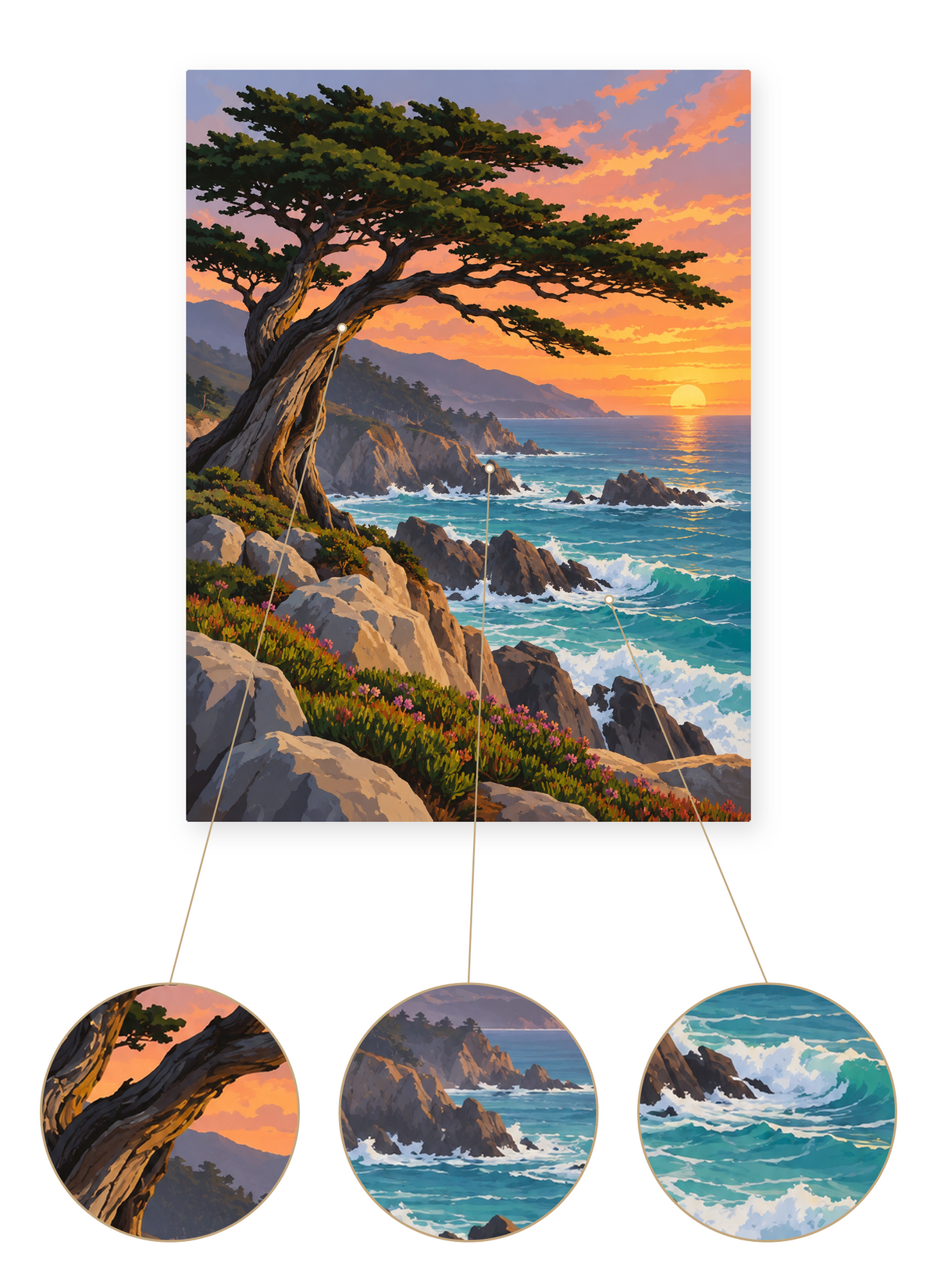 Coastal Pine Sunset finished seascape artwork detail