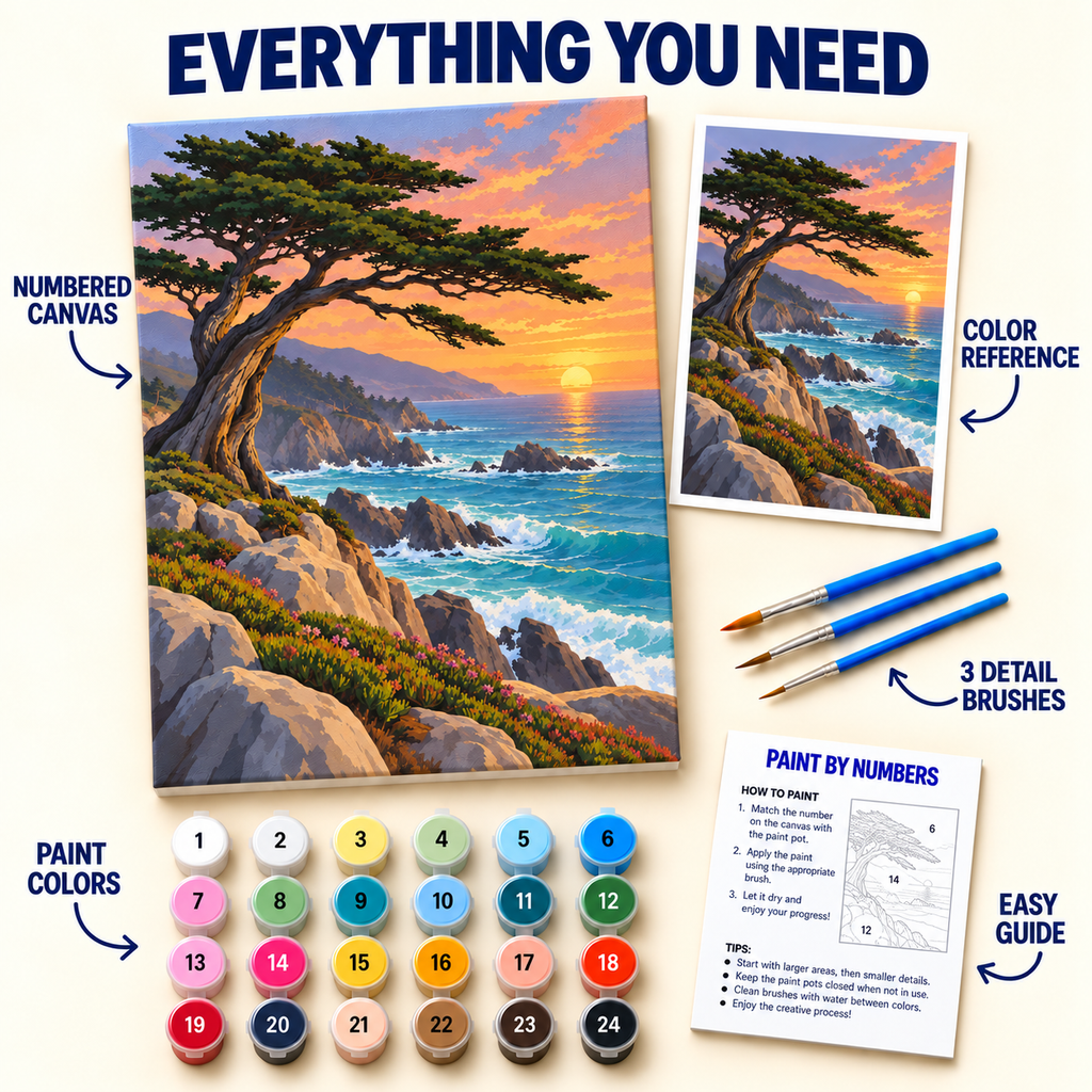 Coastal Pine Sunset paint by numbers kit with numbered canvas, 24 colors, brushes and guide