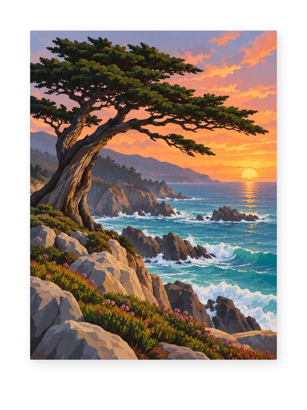 Coastal Pine Sunset coastal paint by numbers artwork for adults