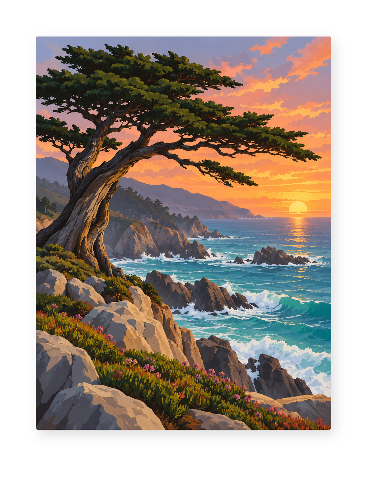 Coastal Pine Sunset coastal paint by numbers artwork for adults
