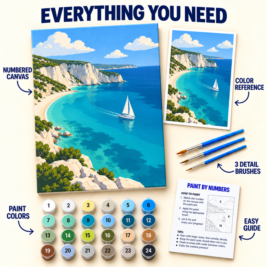 Turquoise Cliffs paint by numbers kit with numbered canvas, 24 colors, brushes and guide