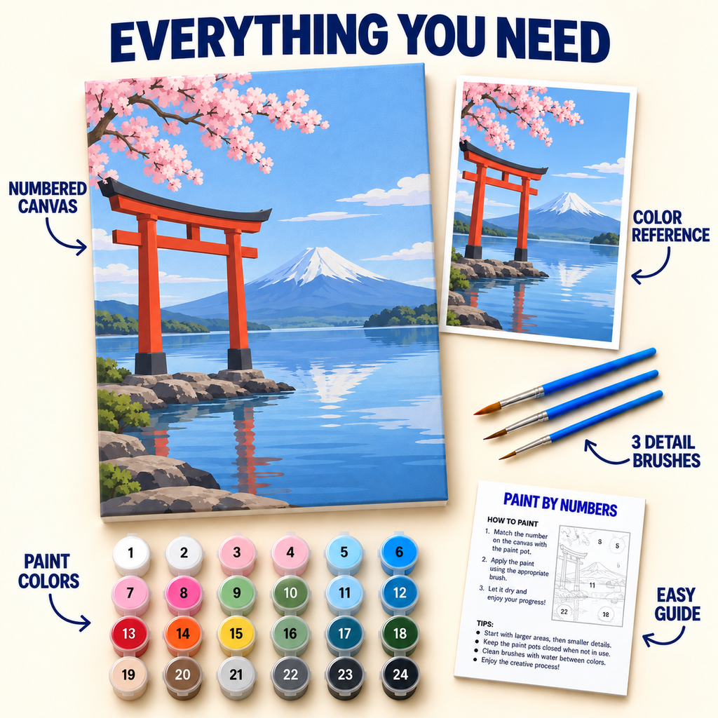 Fuji Torii paint by numbers kit with numbered canvas, 24 colors, brushes and guide