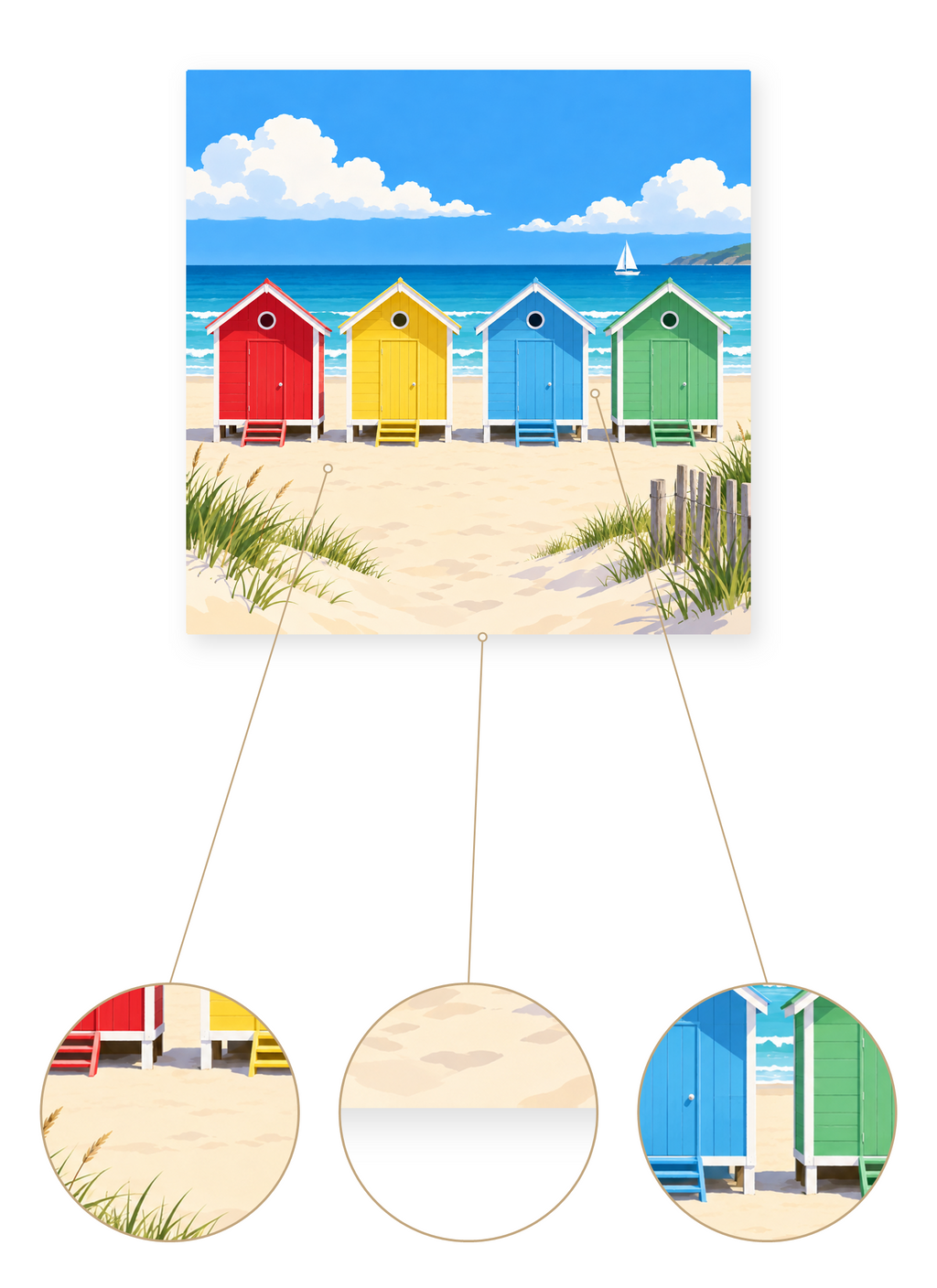 Colorful Beach Huts finished seascape artwork detail