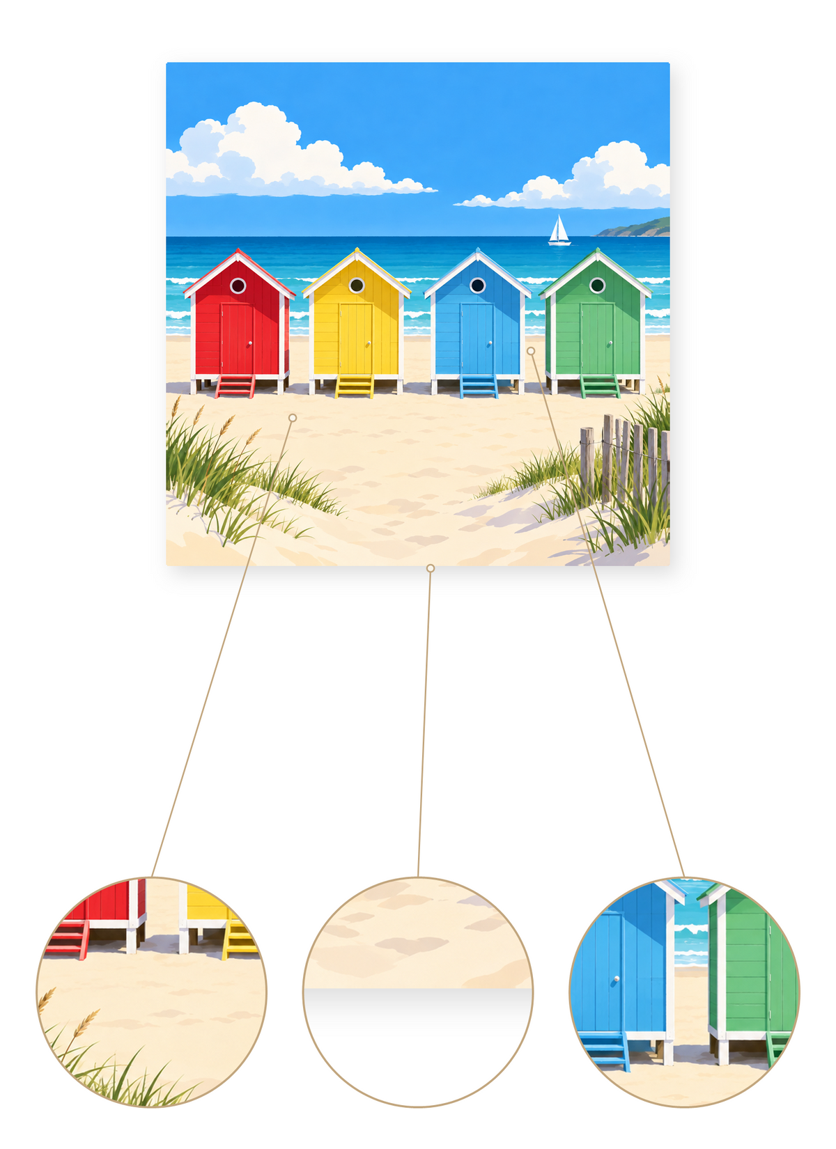 Colorful Beach Huts finished seascape artwork detail