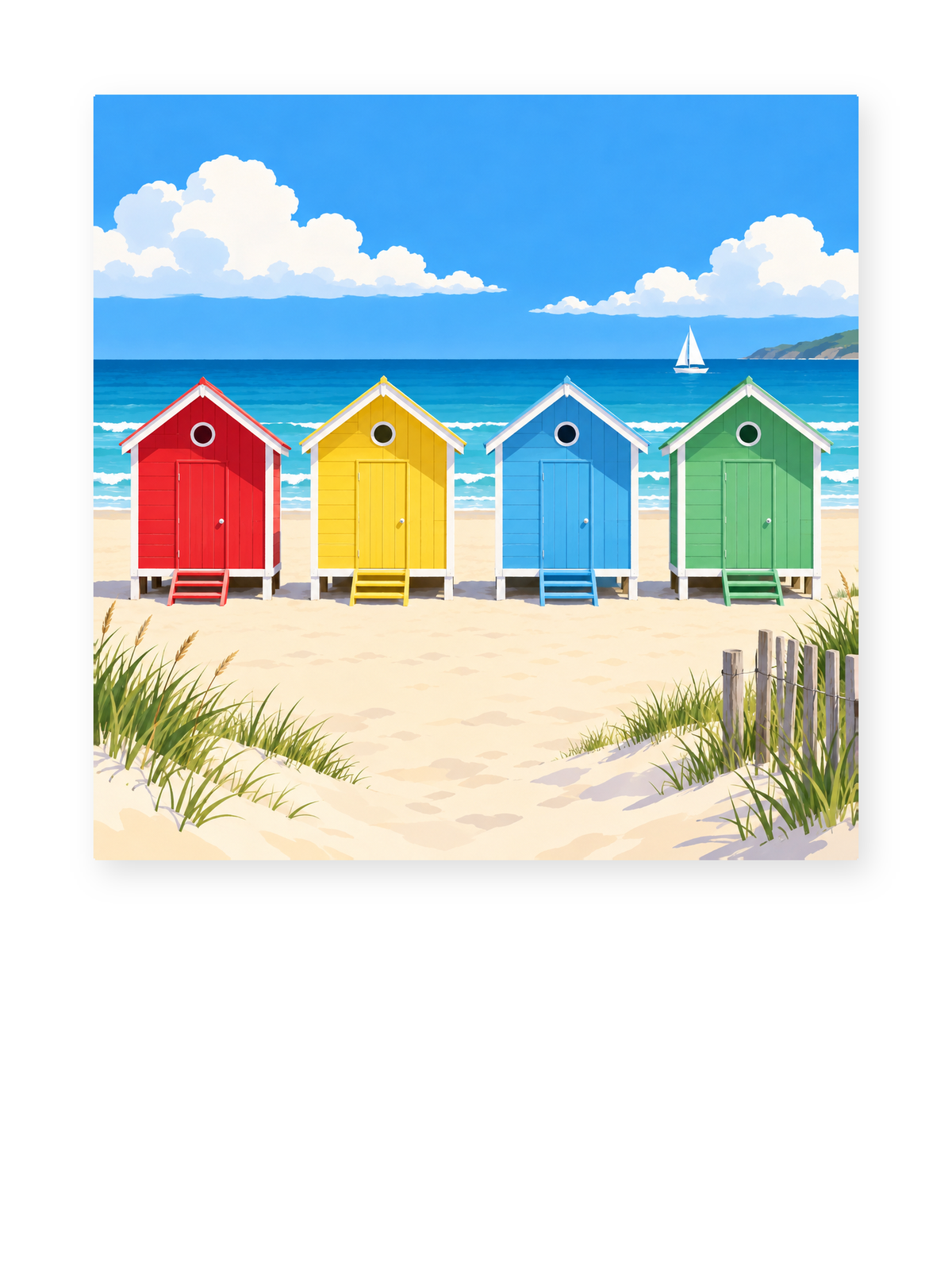 Colorful Beach Huts coastal paint by numbers artwork for adults