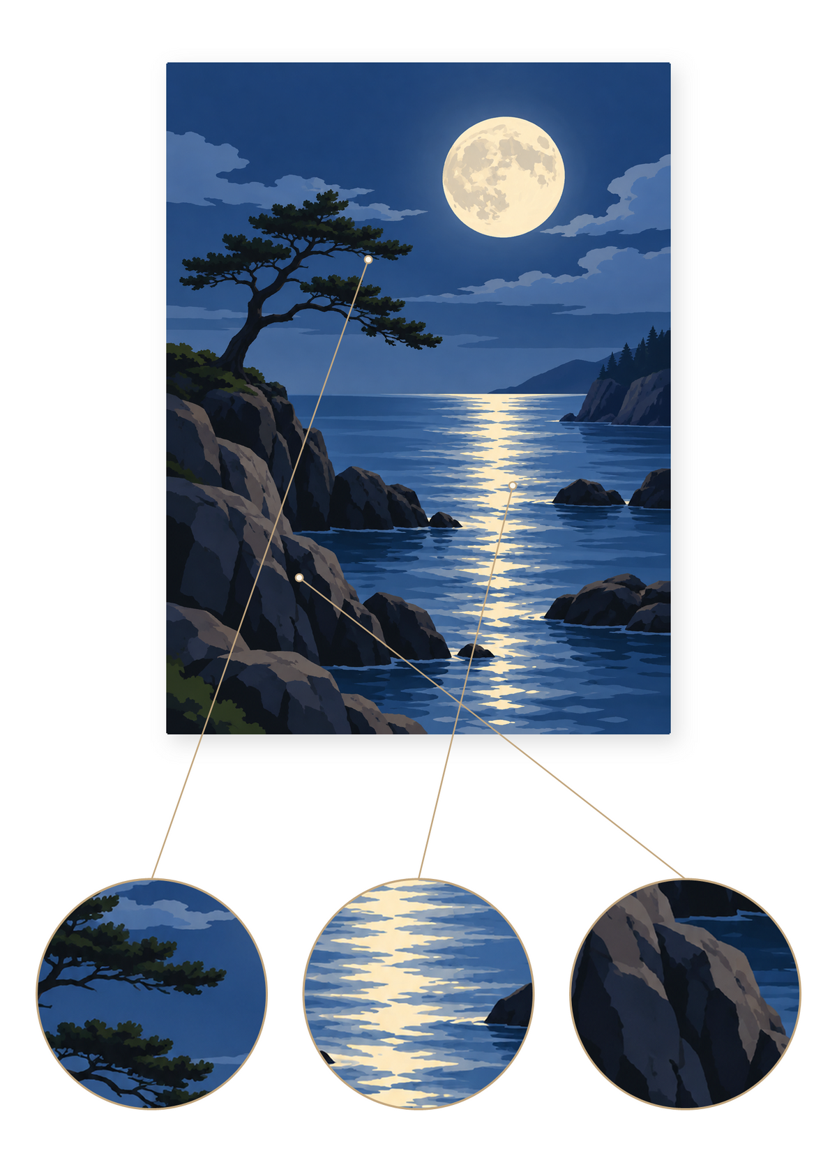 Moonlit Coast finished seascape artwork detail