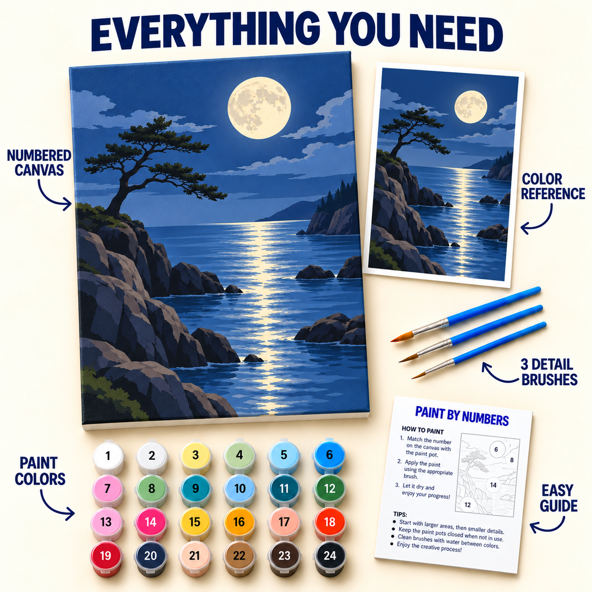 Moonlit Coast paint by numbers kit with numbered canvas, 24 colors, brushes and guide