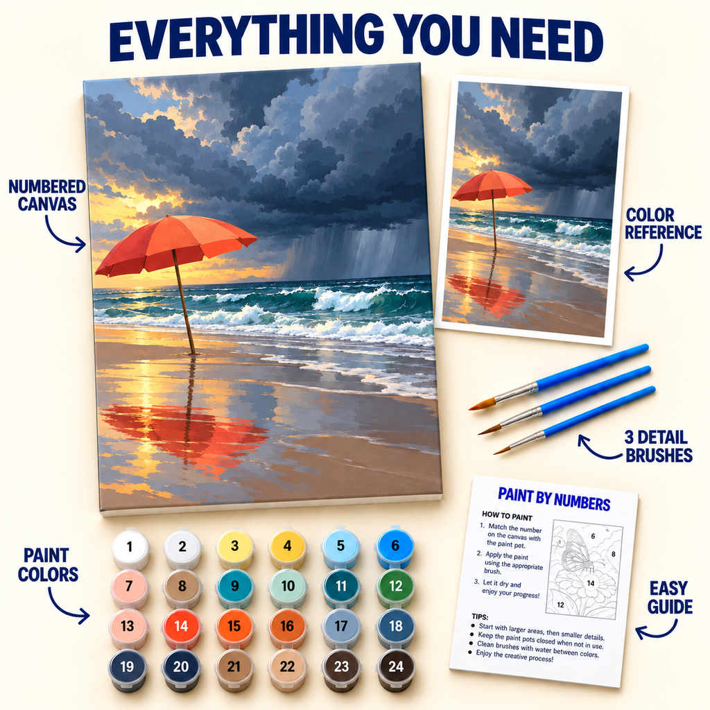 Stormy Beach paint by numbers kit with numbered canvas, 24 colors, brushes and guide