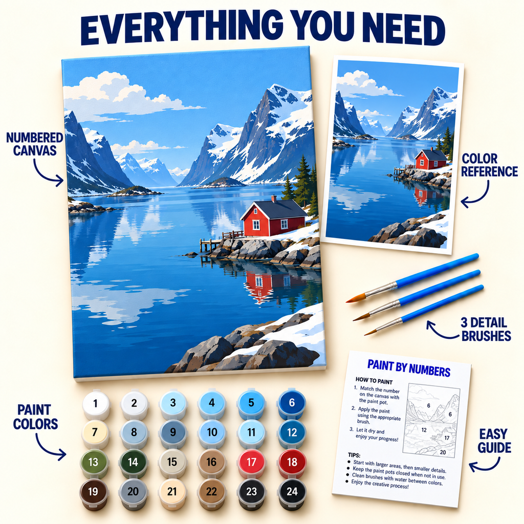 Nordic Fjord paint by numbers kit with numbered canvas, 24 colors, brushes and guide