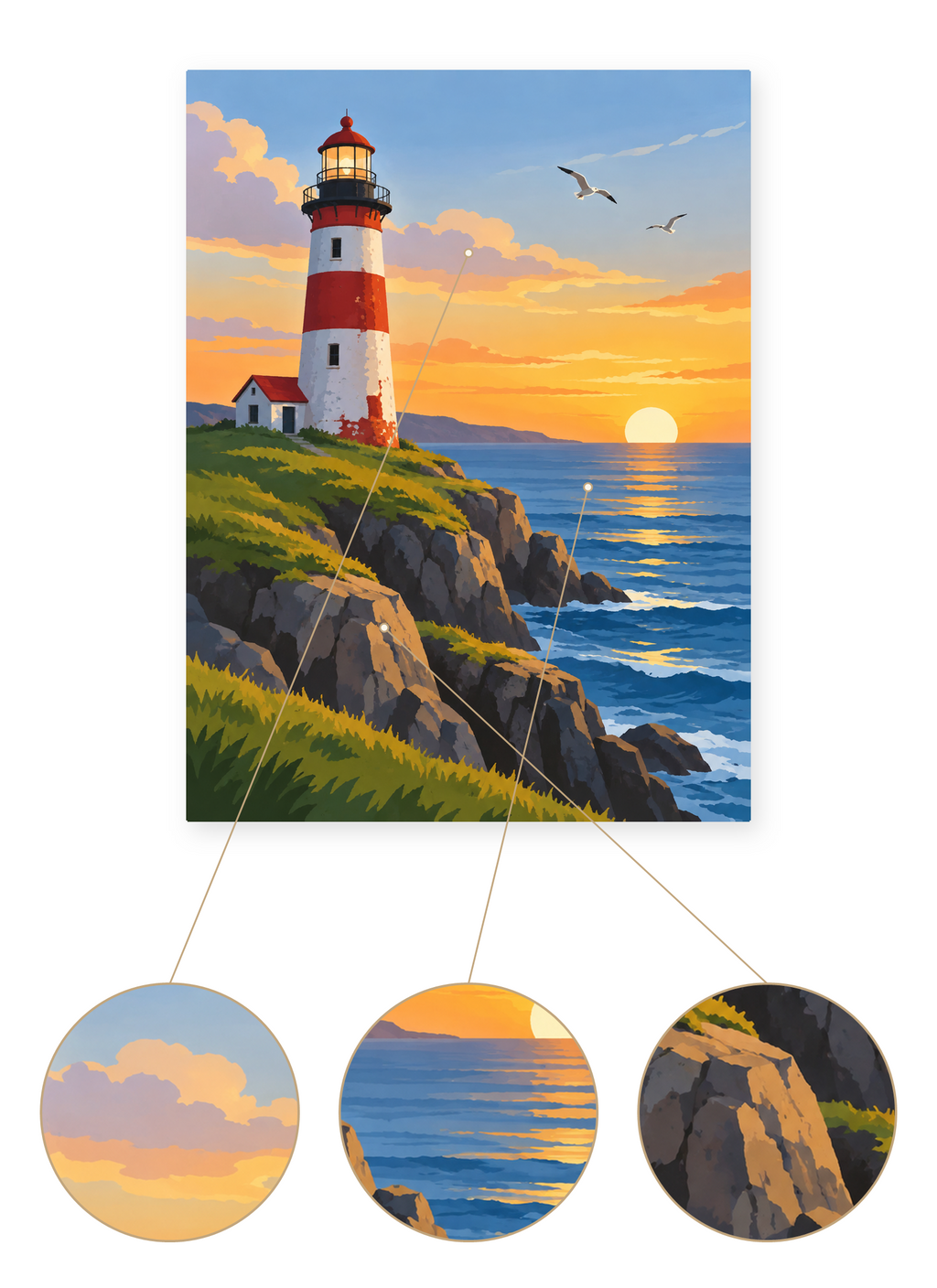 Sunset Lighthouse finished seascape artwork detail