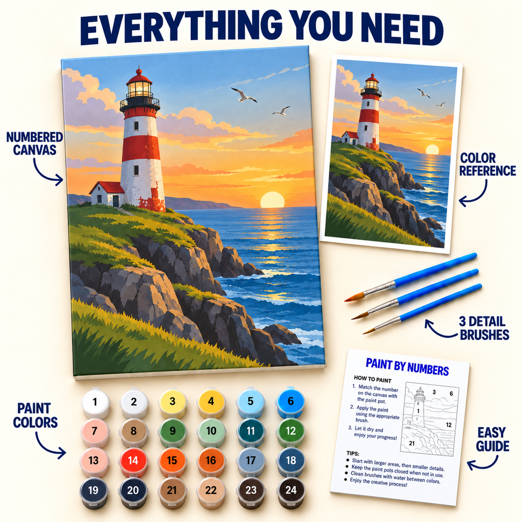 Sunset Lighthouse paint by numbers kit with numbered canvas, 24 colors, brushes and guide