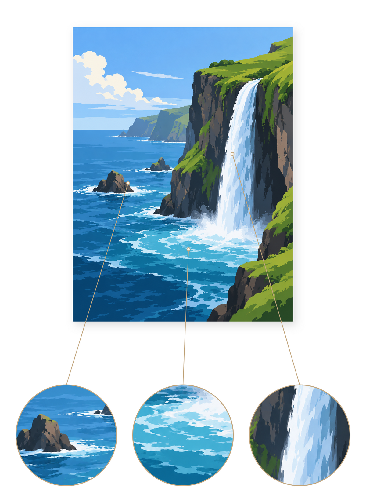 Coastal Waterfall finished seascape artwork detail