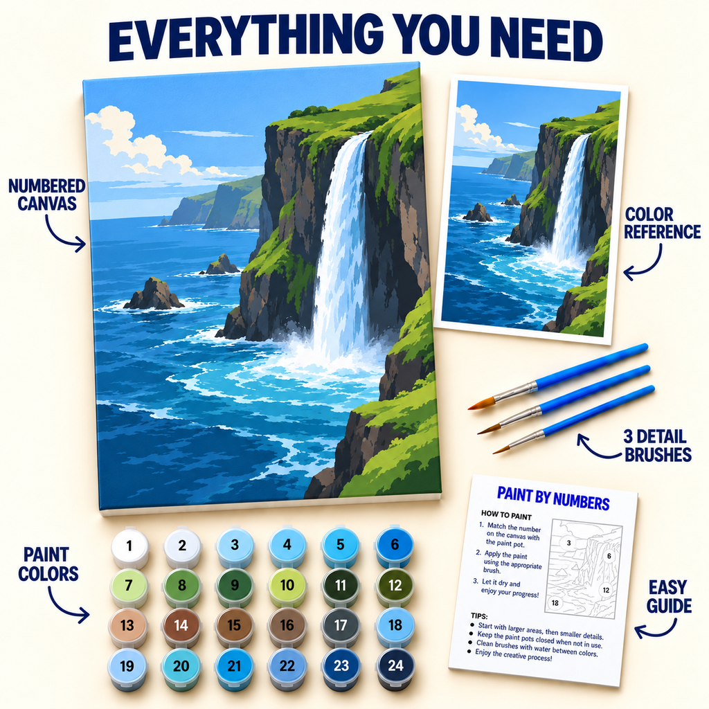 Coastal Waterfall paint by numbers kit with numbered canvas, 24 colors, brushes and guide