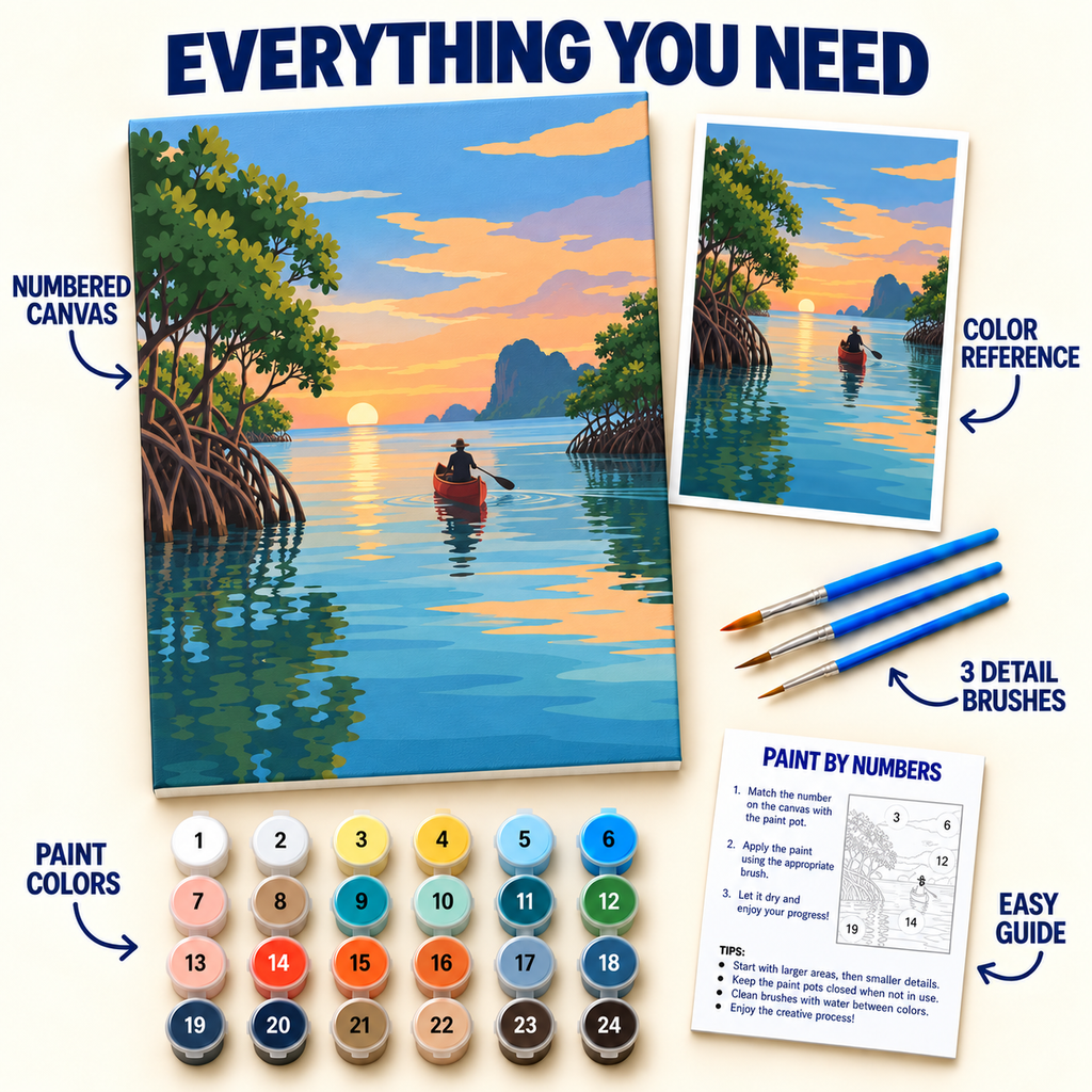 Mangrove Sunset paint by numbers kit with numbered canvas, 24 colors, brushes and guide