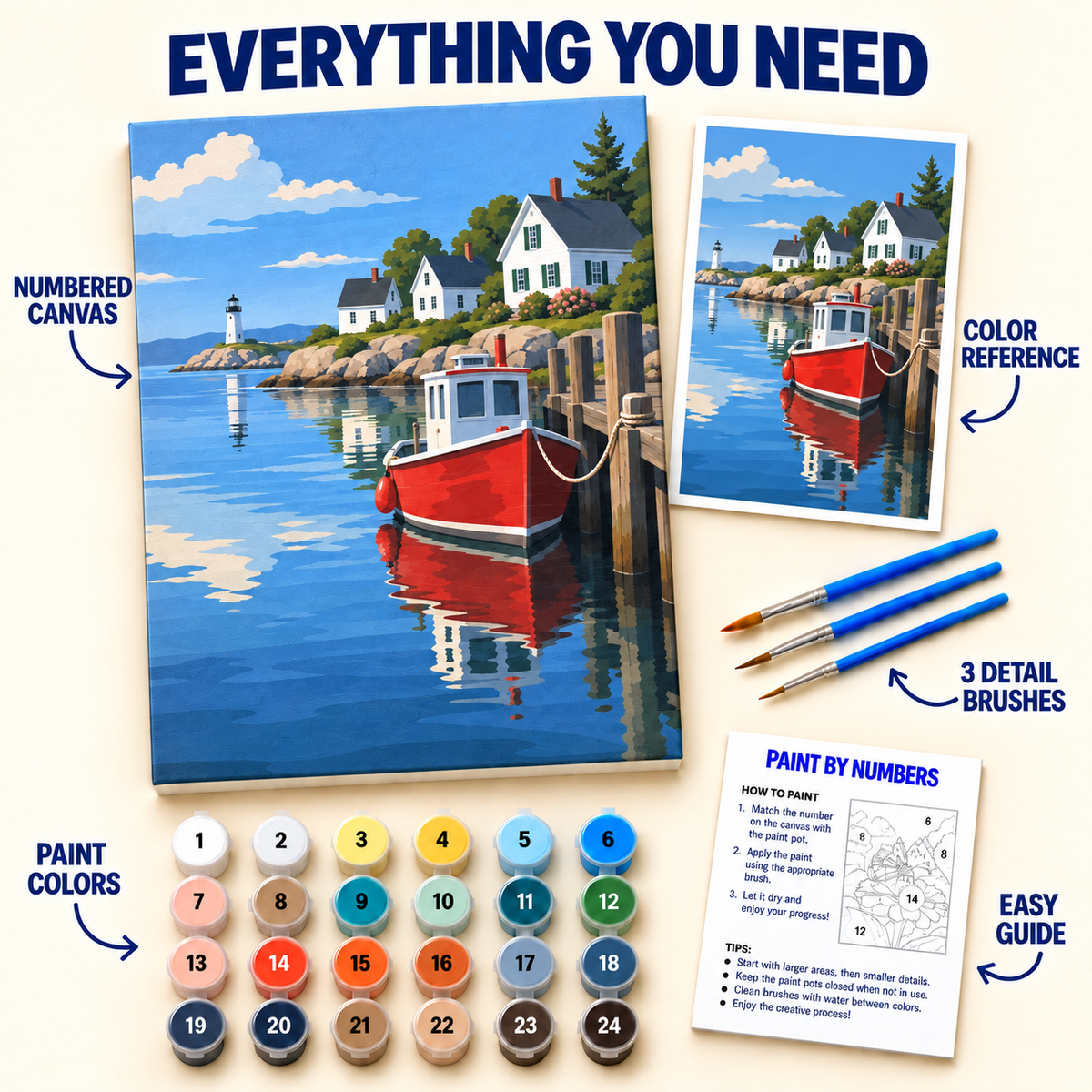 Harbor Morning paint by numbers kit with numbered canvas, 24 colors, brushes and guide