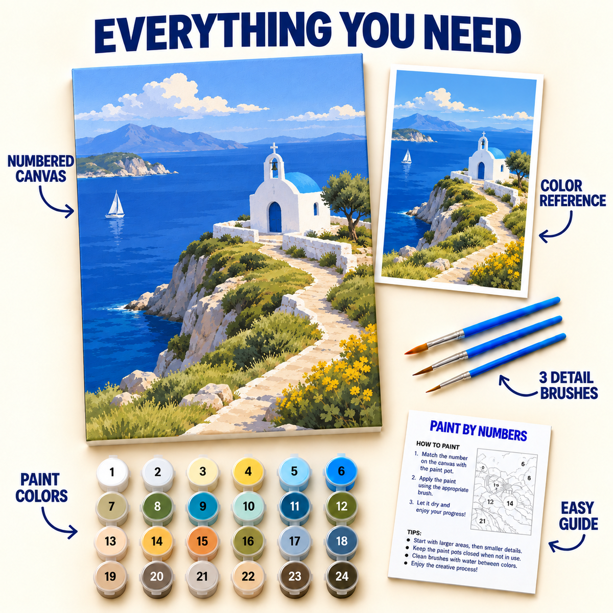Aegean Chapel paint by numbers kit with numbered canvas, 24 colors, brushes and guide