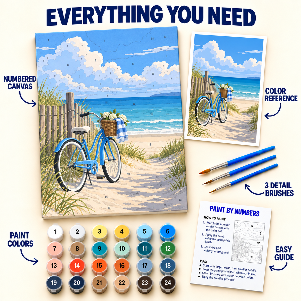 Beach Bicycle paint by numbers kit with numbered canvas, 24 colors, brushes and guide