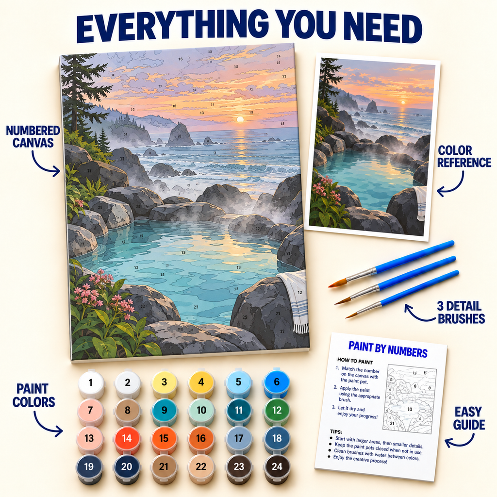 Sunset Tide Pool paint by numbers kit with numbered canvas, 24 colors, brushes and guide