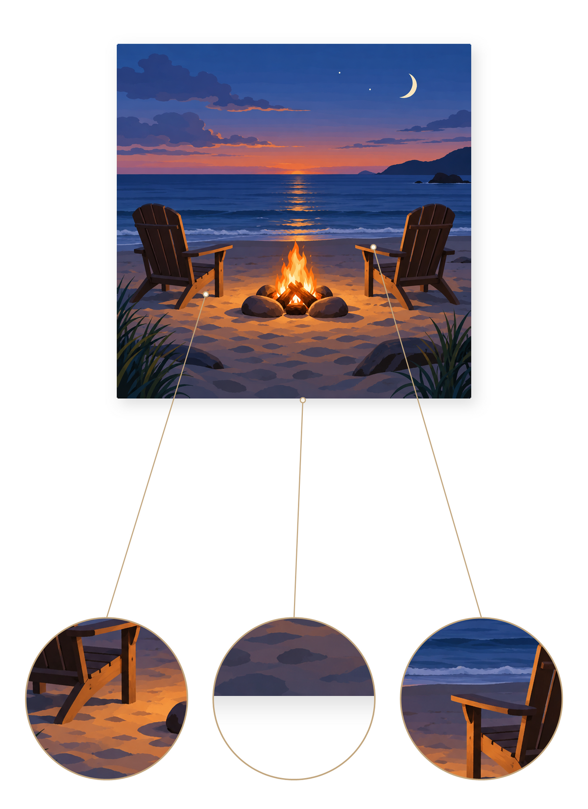 Moonlit Beach Fire finished seascape artwork detail